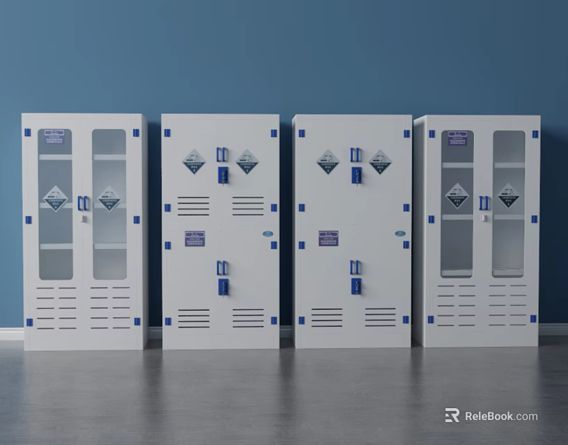 Four White Storage Cabinets With Glass Doors And Blue Accents Against Blue Wall 3d model 