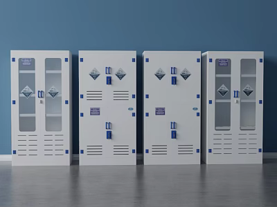 Four White Storage Cabinets With Glass Doors And Blue Accents Against Blue Wall 3d model