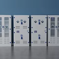 Four White Storage Cabinets With Glass Doors And Blue Accents Against Blue Wall