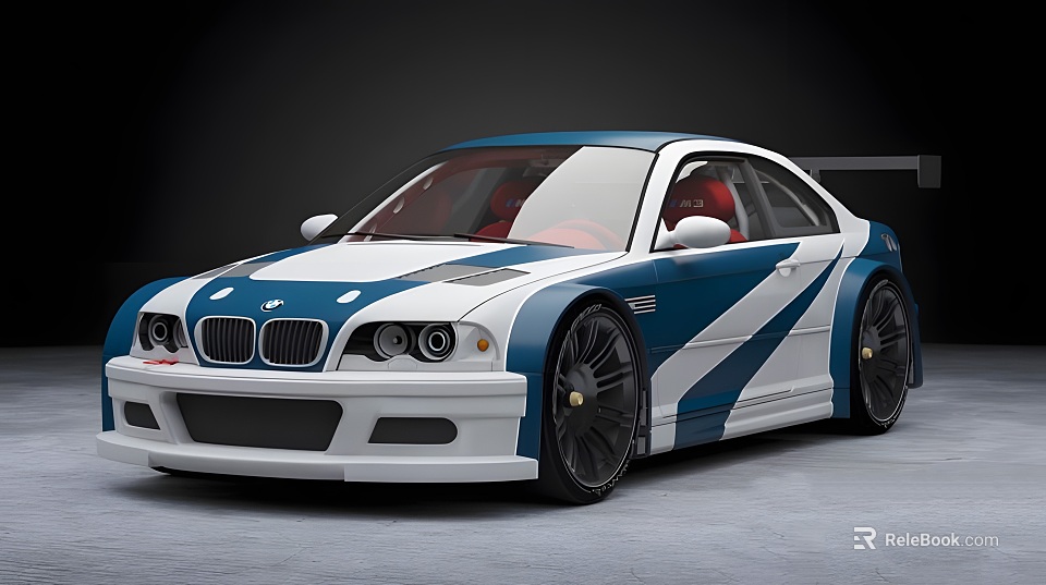 Stylish Blue And White Striped BMW Coupe Car With Black Wheels And Red Interior 3d model 