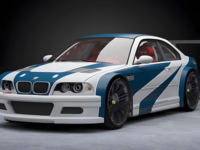Stylish Blue And White Striped BMW Coupe Car With Black Wheels And Red Interior 3d model