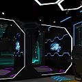 VR Virtual Experience Center Interior With Blue Lighting Hexagon Walls And Screens