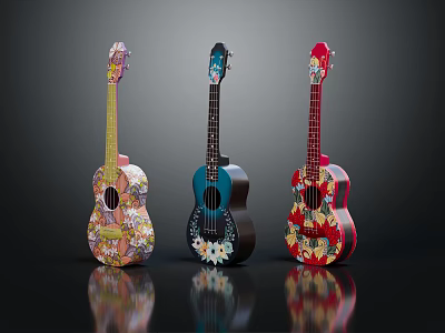 Three Colorful Hand Painted Ukuleles As Musical Instruments With Art Supplies And Decorative Patterns 3d model
