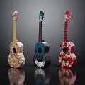 Three Colorful Hand Painted Ukuleles As Musical Instruments With Art Supplies And Decorative Patterns