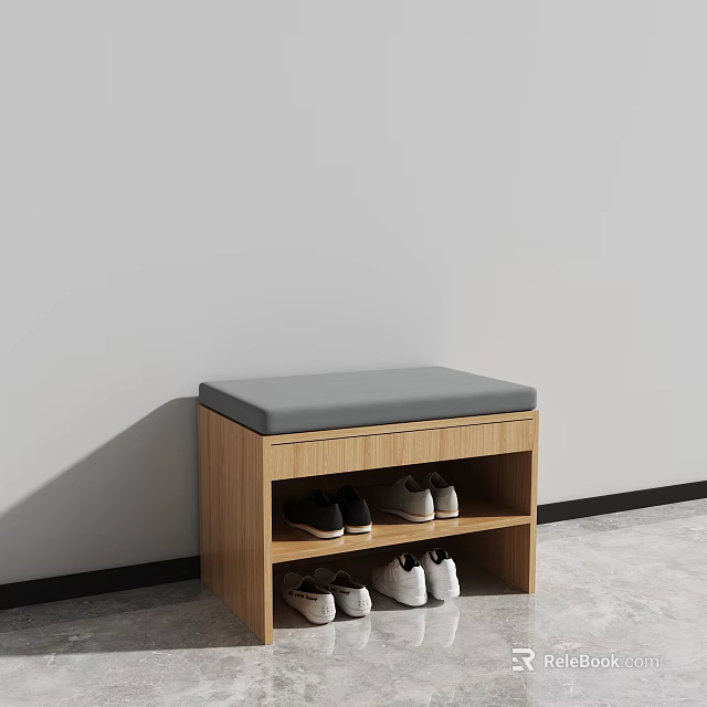 Wooden Shoe Bench With Gray Cushion And Storage Shelves For Shoes 3d model 