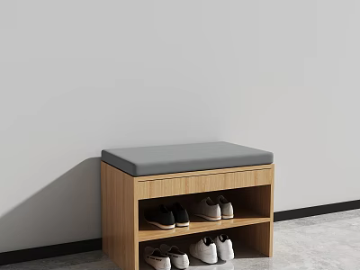 Wooden Shoe Bench With Gray Cushion And Storage Shelves For Shoes 3d model