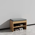 Wooden Shoe Bench With Gray Cushion And Storage Shelves For Shoes
