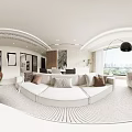 Modern Living Dining Room Interior With Sofa Dining Table Chairs And Floor To Ceiling Windows
