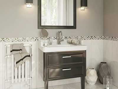 Modern Bathroom Vanity with Mirror Wall Sconces Tiles Towel Rack and White Countertop 3d model