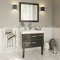 Modern Bathroom Vanity with Mirror Wall Sconces Tiles Towel Rack and White Countertop