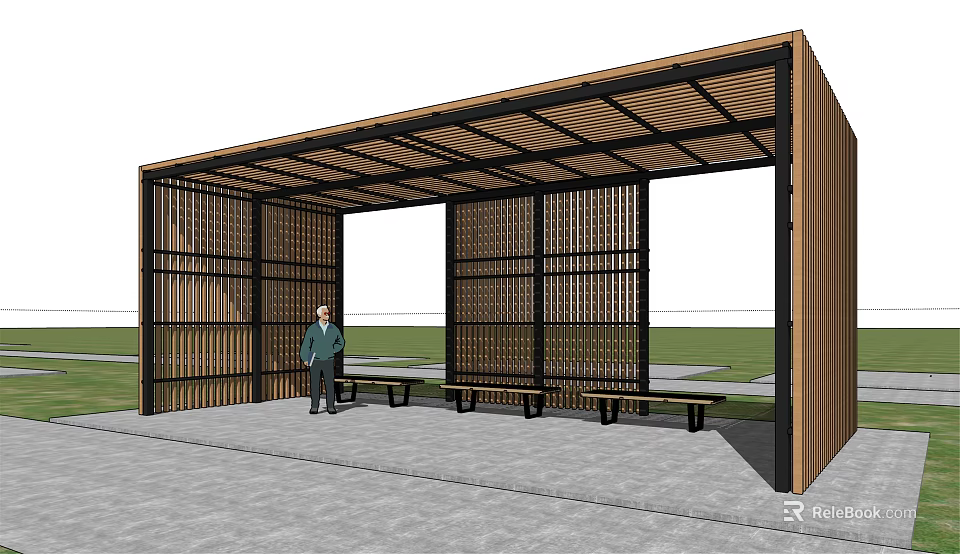 Modern Pergola With Wooden Slats Lattice Panels And Benches On Grass 3d model 