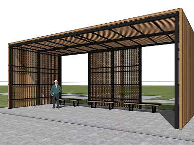 Modern Pergola With Wooden Slats Lattice Panels And Benches On Grass 3d model
