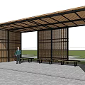 Modern Pergola With Wooden Slats Lattice Panels And Benches On Grass