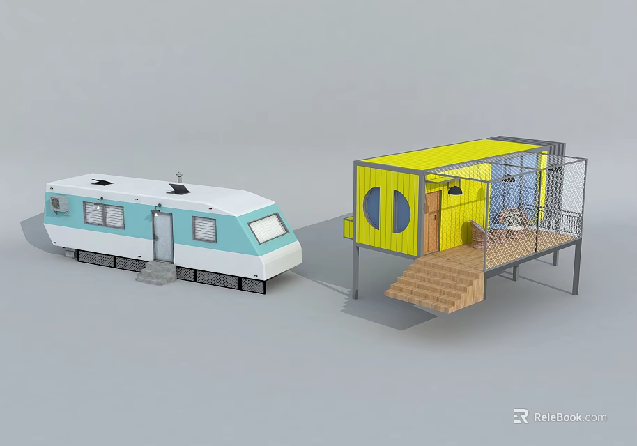 Yellow Container Building With Wooden Stairs Balcony Windows And Metal Frame 3d model 