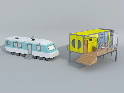 Yellow Container Building With Wooden Stairs Balcony Windows And Metal Frame 3d model