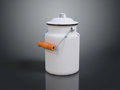 White Enamel Milk Can With Orange Wooden Handle And Secure Lid 3d model
