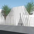 White Wavy Perforated Architectural Structure With Water Pool Grass And Trees