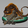 Red Orange Mythical Creature With Fins Long Tail On Green Glowing Base And Bridge Structure