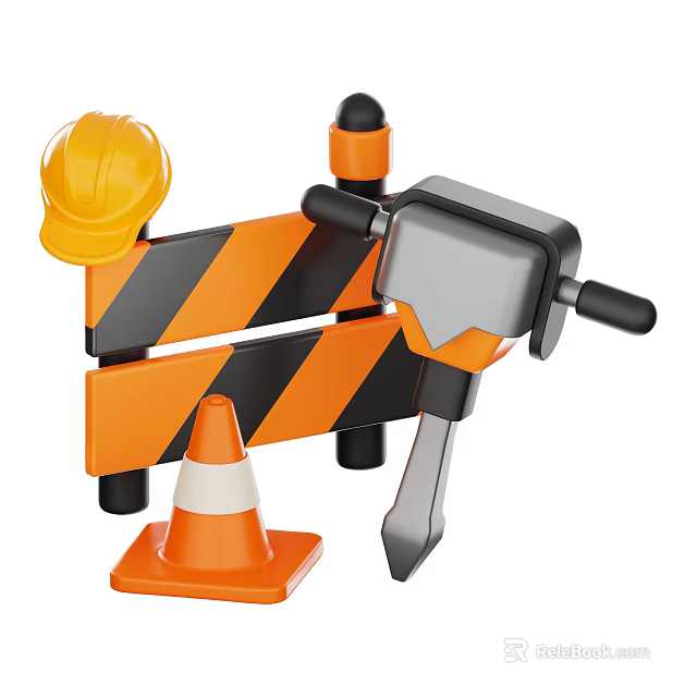 Essential Industrial Equipment Including Hard Hat Traffic Cone Barrier and Hammer for Construction Sites 3d model 