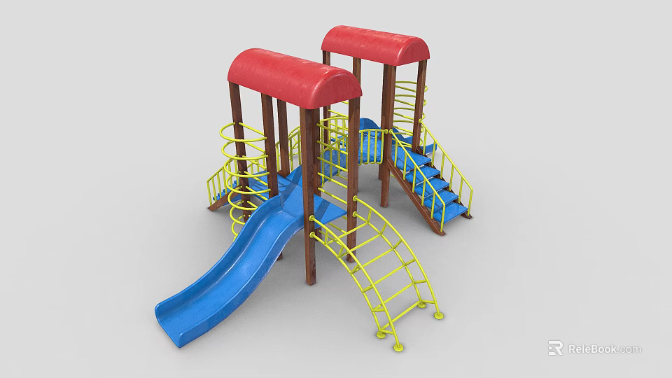 Colorful Playground Equipment With Red Canopies Blue Slides And Yellow Ladders 3d model 