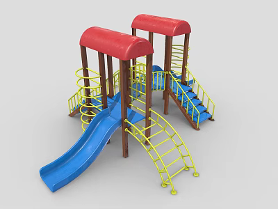 Colorful Playground Equipment With Red Canopies Blue Slides And Yellow Ladders 3d model