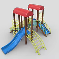 Colorful Playground Equipment With Red Canopies Blue Slides And Yellow Ladders
