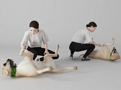 Woman Playing Gently With Her Lying Pet Dog With Green Collar Indoors 3d model