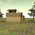 Ancient Traditional Building With Thatched Roof Tower Brick Walls Windows Trees And Grassland