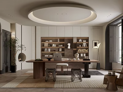 Modern Study Interior With Wooden Desk Wall Bookshelves Books Decorative Items and Round Ceiling Light 3d model