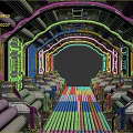 Cartoon Sci Fi Spaceship Interior With Metallic Pipes Blue Lights And Symmetric Seats