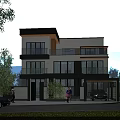 Modern Detached Villa Exterior With Balconies Glass Windows Driveway And Greenery