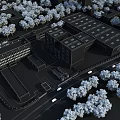 Industrial Factory With Blue Roofs Surrounded By Green Trees And Access Road With Trucks