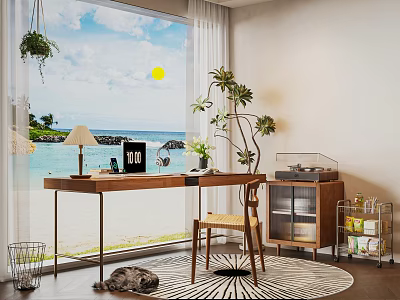 Home Office Interior With Ocean View Large Window Wooden Desk Laptop Green Plants 3d model
