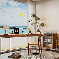 Home Office Interior With Ocean View Large Window Wooden Desk Laptop Green Plants