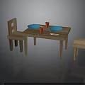 Wooden Dining Table Set With Chairs Blue Plates Red Cups And Cutlery
