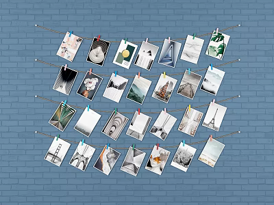 Photo Wall With Various Photos Hanging On Clothesline Using Clothespins Against Blue Brick Wall 3d model