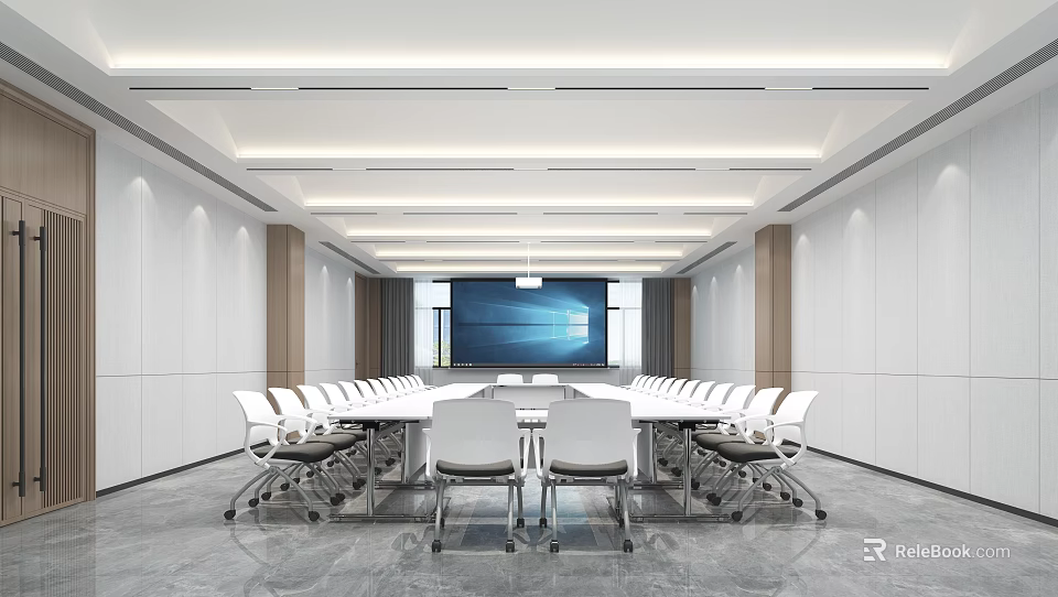 Modern Conference Room Interior With Long Table Chairs And Projection Screen 3d model