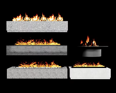 Modern Fireplace Designs With Burning Flames In Various Concrete Styles 3d model