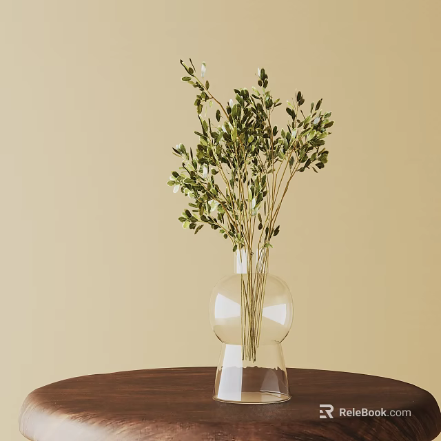 Green Potted Plant with Branches in Transparent Glass Vase on Dark Table Light Interior Decoration 3d model 