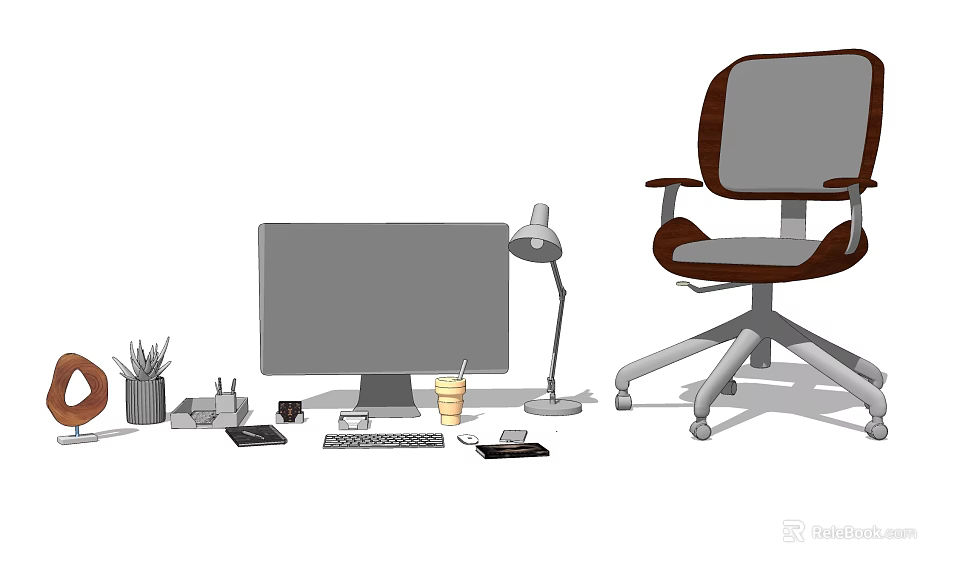 Modern Office Workspace With Computer Monitor Desk Lamp Ergonomic Chair And Stationery 3d model 