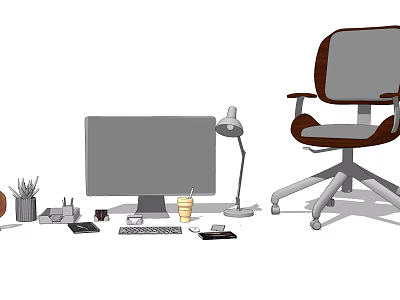 Modern Office Workspace With Computer Monitor Desk Lamp Ergonomic Chair And Stationery 3d model