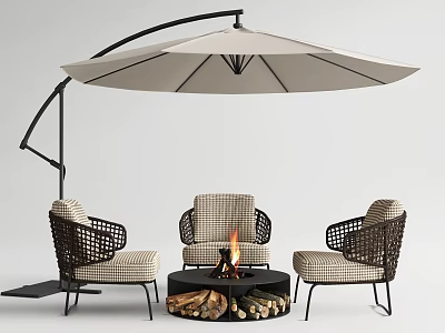 Outdoor Wicker Chairs With Fire Pit And Umbrella For Comfortable Patio Space 3d model