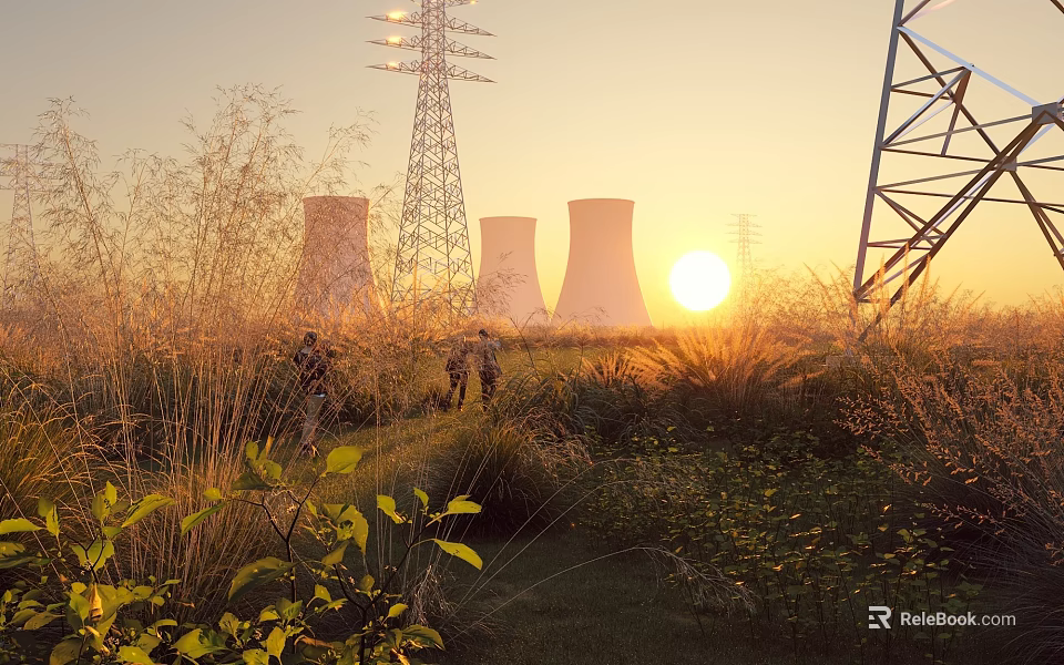 Scenic Sunset Landscape with Cooling Towers Power Pylons and People Walking on Grassland Path 3d model 