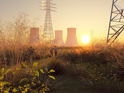 Scenic Sunset Landscape with Cooling Towers Power Pylons and People Walking on Grassland Path 3d model