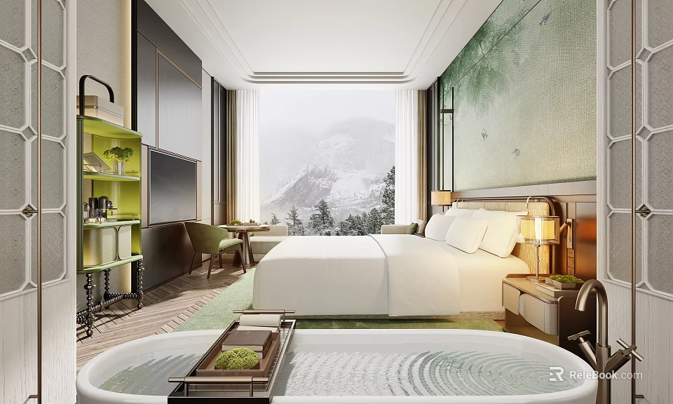 Modern Hotel Room Interior with Large Bed Green Plants Scenic Mountain View and Bathtub 3d model 