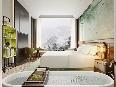 Modern Hotel Room Interior with Large Bed Green Plants Scenic Mountain View and Bathtub 3d model