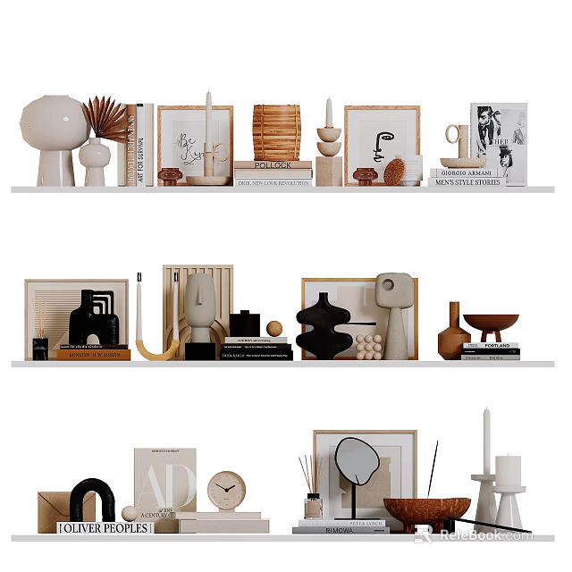 Modern Minimalist Decorative Ornament Set on Shelf Display with Sculptures Frames Vases Books and Clock 3d model 