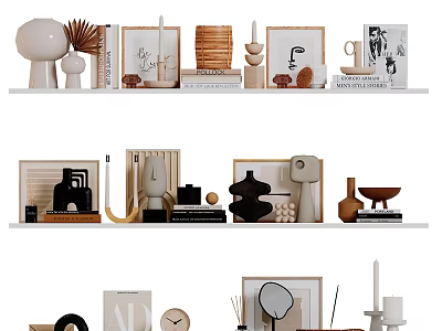 Modern Minimalist Decorative Ornament Set on Shelf Display with Sculptures Frames Vases Books and Clock 3d model
