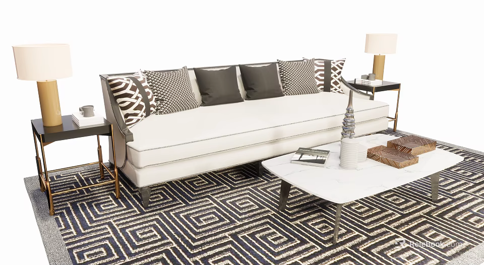 White Sofa Coffee Table Set With Geometric Pillows Side Tables Table Lamp And Geometric Rug 3d model