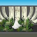 Elegant Wooden Sculpted Wedding Scene With White Dress Green Plants And Flowers